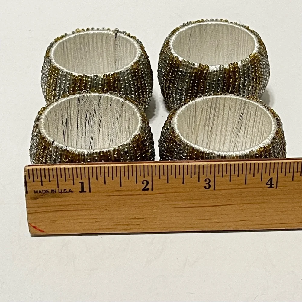 Pier 1 Seed Beaded Napkin Rings Gold & Silver Festive Elegant Fancy Formal 4 Set